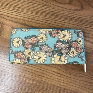Antique Clock and Rose Zippered Wallet in Blue, Accordion Style, NWOT